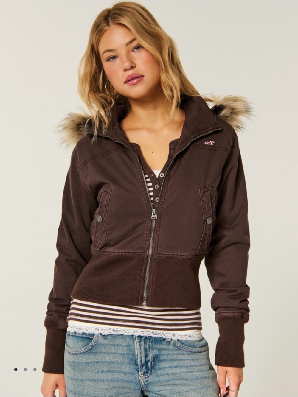 BRAND NEW! Hollister Dark Brown Bomber Jacket with Faux-Fur Trim Hood